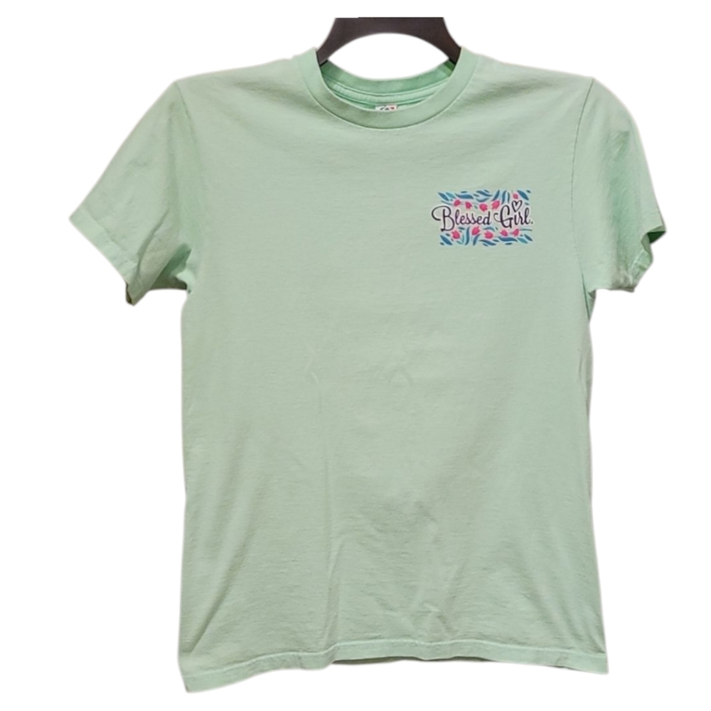 Blessed Girl t-shirt front logo back bible verse pale green Ch sz S cotton